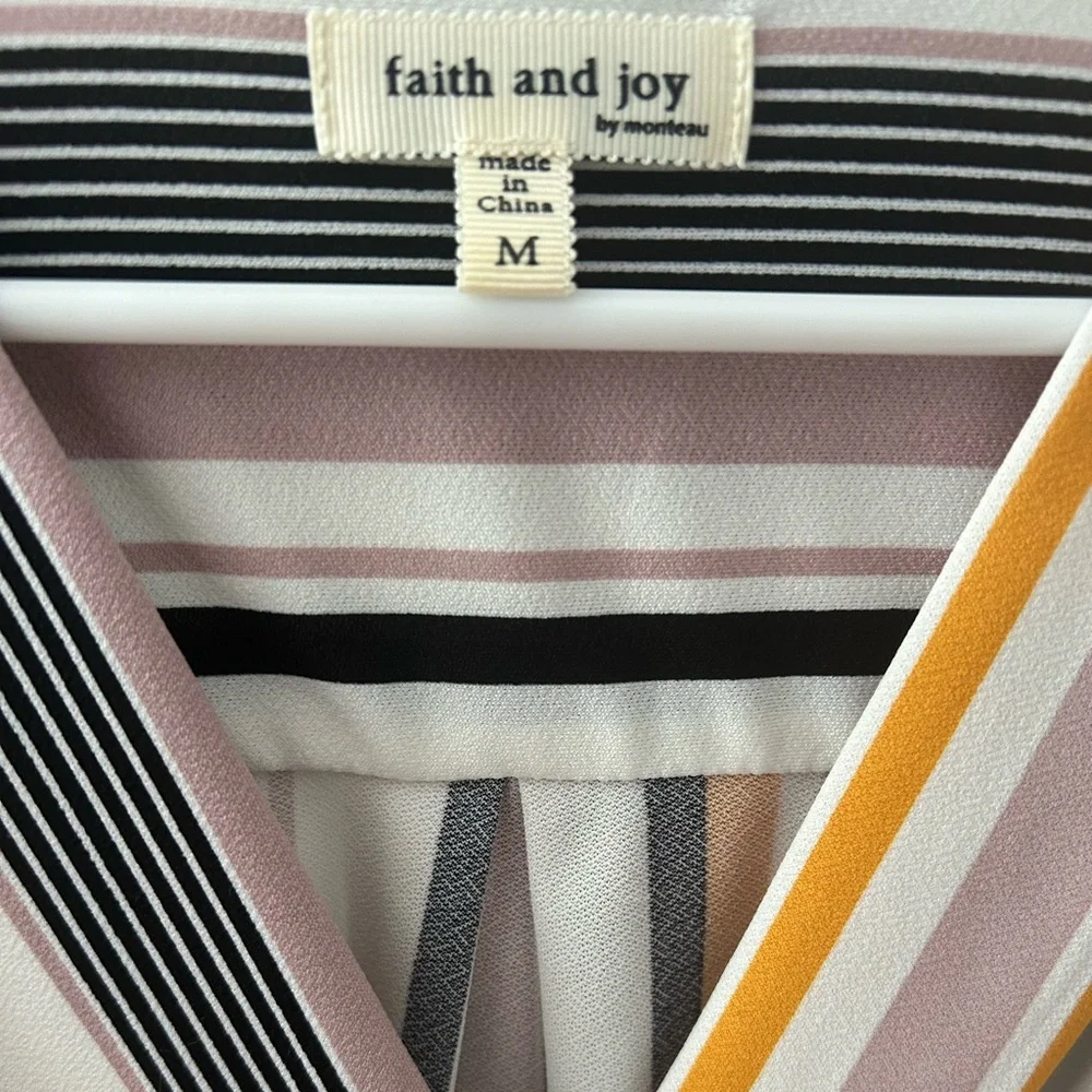 NWOT FAITH AND JOY by Monteau Multicolor Striped V-Neck Top w/Capped Sleeves - Picture 3 of 16